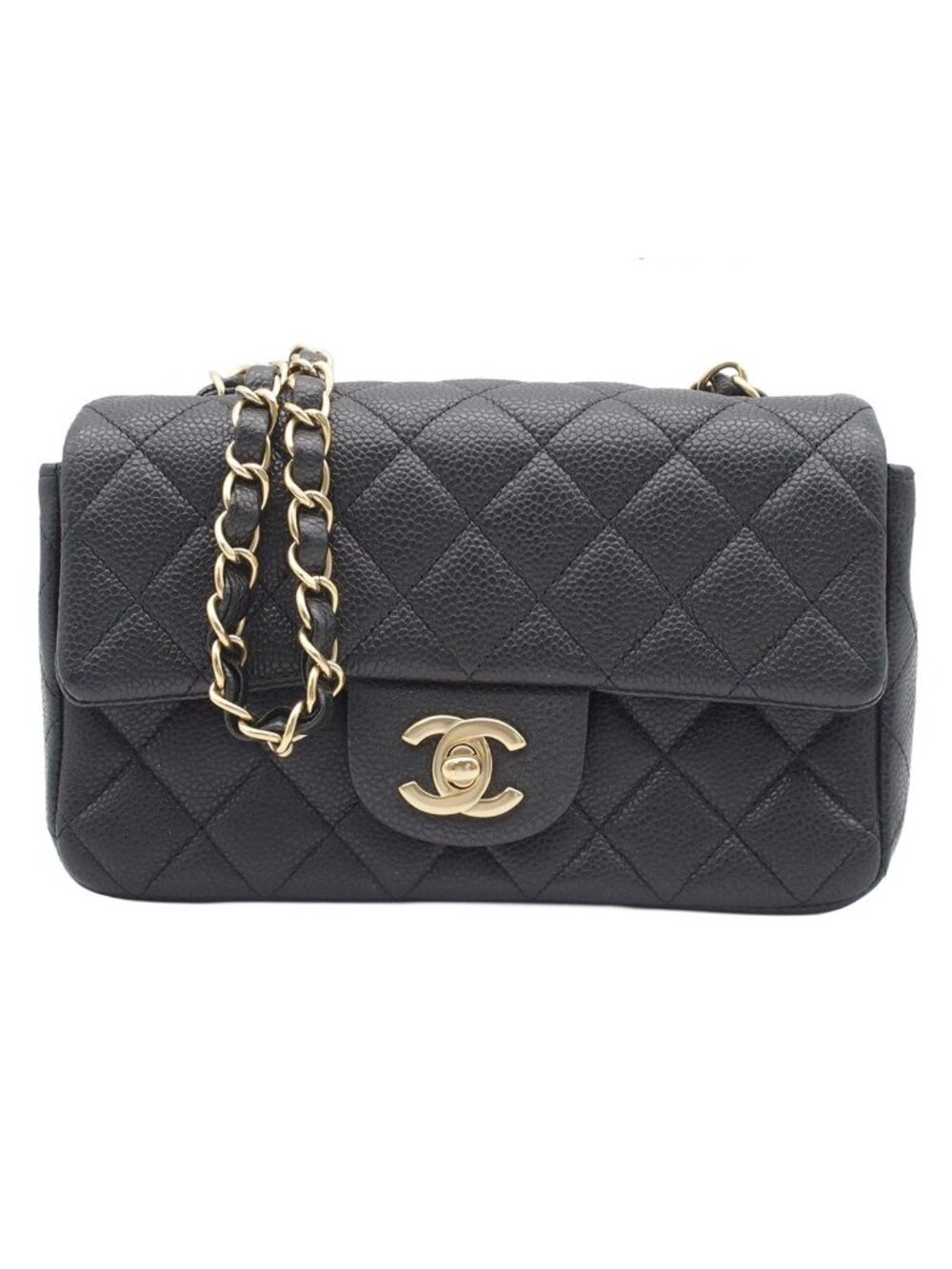 Chanel Chain Shoulder Bag Mini Quilted Gray Gold Caviar Leather